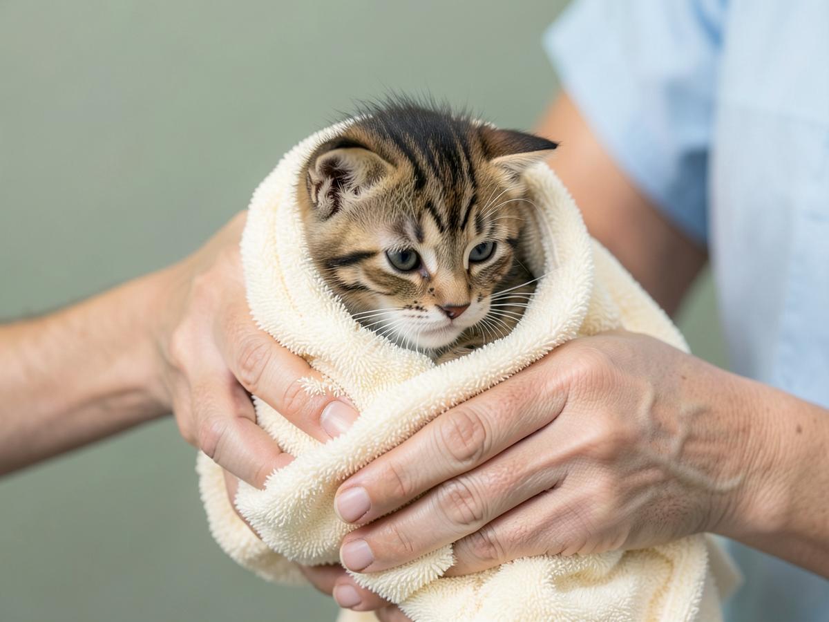 Veterinary nurse holding a kitten wrapped in a towel